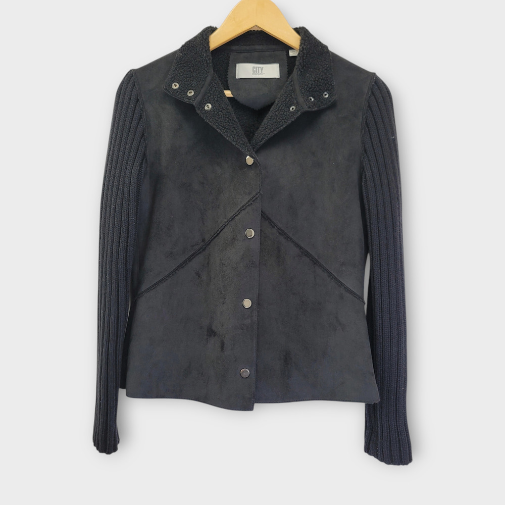 VTG DKNY Jacket Womens‎ Small Black Faux Suede Sherpa Lined Ribbed Knit Sleeves